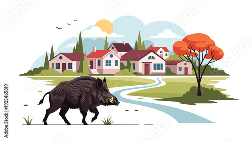 Large wild boar walking across green field with small peaceful village of houses and trees in scenic autumn background.