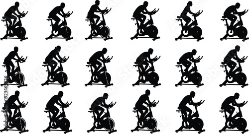 Set of black silhouettes featuring male and female athletes training on stationary indoor cycling exercise bikes in various intense workout poses on white background