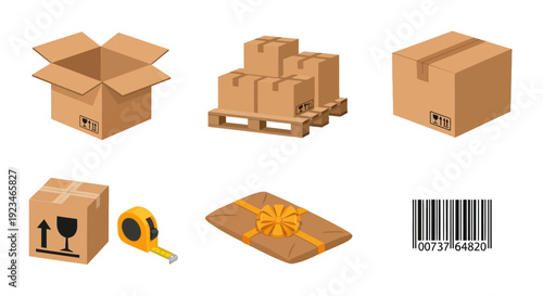 Various packaging and shipping elements including cardboard boxes, a pallet, a gift, and a barcode.
