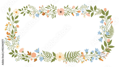 Digital illustration of a colorful floral wreath border with green leaves, peach, blue, and orange flowers on a white background.