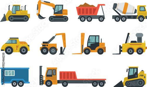 Flat construction vehicles collection with excavator, bulldozer, dump truck, forklift, concrete mixer and heavy machinery equipment set