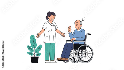 Friendly female caregiver smiling at frustrated elderly man in wheelchair who is making rejecting hand gesture in room.