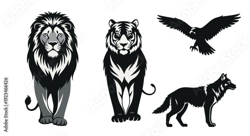 Black silhouette illustrations of a lion, tiger, wolf, and eagle in various poses against a clean white background