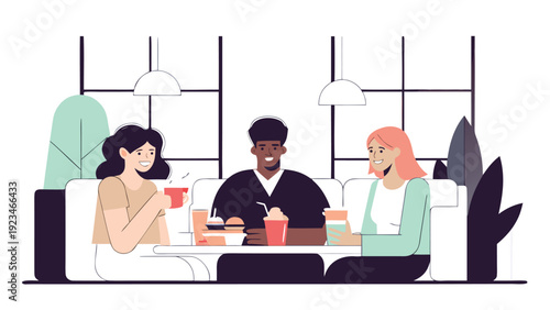 Diverse inclusive team happily smiling and socializing around a table with food and drinks in a modern cafe.