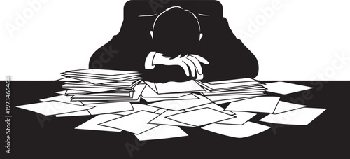 Overworked professional collapsed on desk covered in mountains of paperwork vector silhouette illustration line art