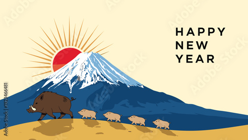 Adult wild boar followed by four piglets walking along path with snowy Mount Fuji and rising sun in background.