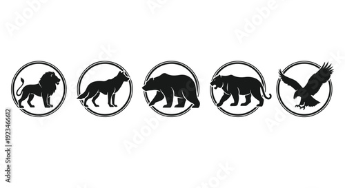A set of animal silhouettes including a lion, wolf, bear, elephant, and eagle in circular icons on a white background