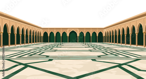 Islamic Mosque Courtyard with Traditional Arches and Geometric Floor Pattern Illustration