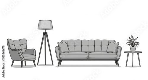 Elegant living room furniture arrangement featuring a comfortable sofa, armchair, and stylish lamp.