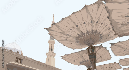 Nabawi Mosque Medina with Giant Umbrellas and Minaret Illustration