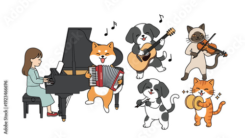 Young woman playing grand piano accompanied by group of happy dogs and cats playing various instruments and singing.