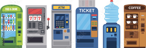 Flat vending machines set with food drink dispenser, slot machine, ATM, ticket kiosk, water cooler and coffee machine