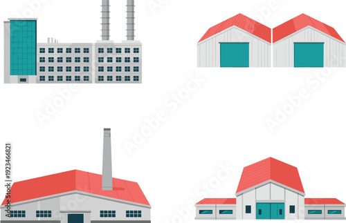 Industrial factory and warehouse buildings set with chimneys red roofs and manufacturing facilities flat vector illustration collection