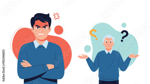 Angry young man with crossed arms standing next to confused and shrugging elderly man against abstract colorful shapes.