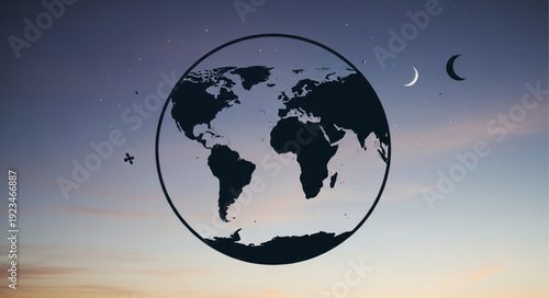 World Globe Silhouette Depicting Continents and Oceans Against a Sky.