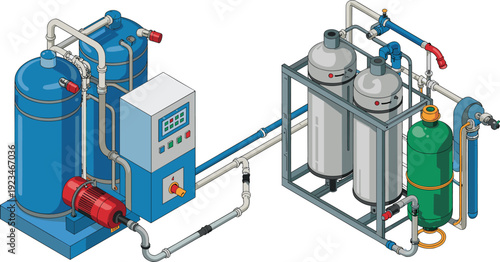 Isometric industrial water purification system with filtration tanks, control unit, pumps and pipeline network for wastewater treatment