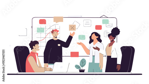 Diverse business team brainstorming with sticky notes and charts on a large whiteboard during an office meeting.