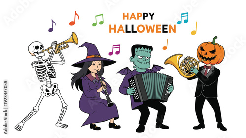 Skeleton, witch, frankenstein, and pumpkin head character playing trumpet, clarinet, accordion, and french horn together.