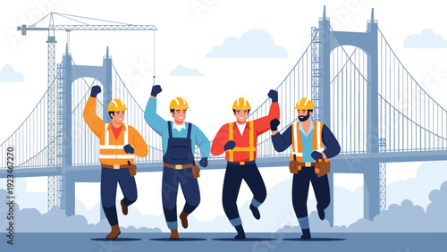 Group of construction workers in safety uniforms cheering and dancing in front of large modern bridge under construction.