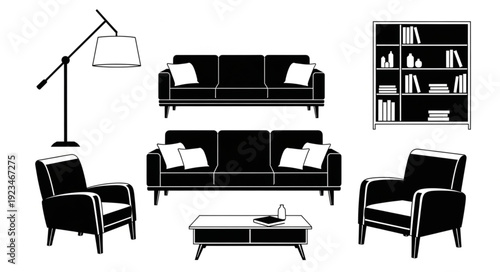 Elegant living room furniture arrangement featuring sofas, armchairs, and a bookshelf.