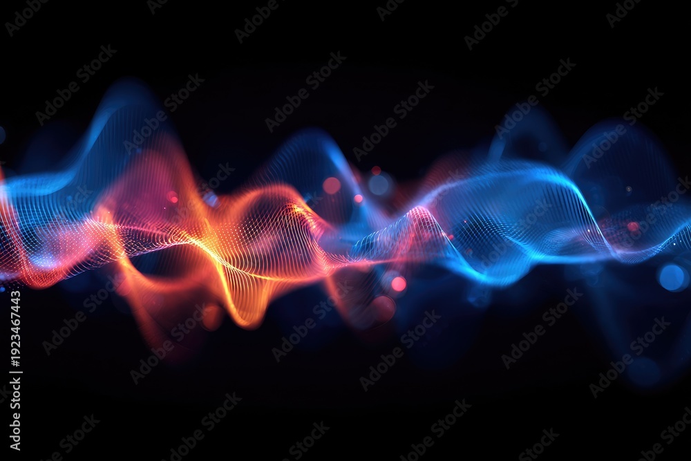 Fototapeta premium Digital waves undulate, merging shades of blue and orange, against a black background