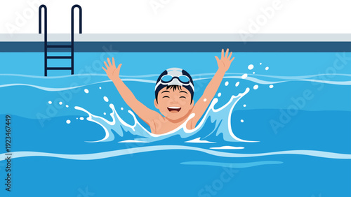 Happy young boy wearing goggles splashing water and smiling while swimming in clear blue pool with ladder in back.