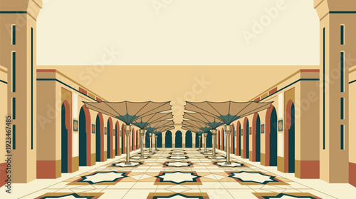 Al Masjid an Nabawi Courtyard with Giant Umbrellas Illustration