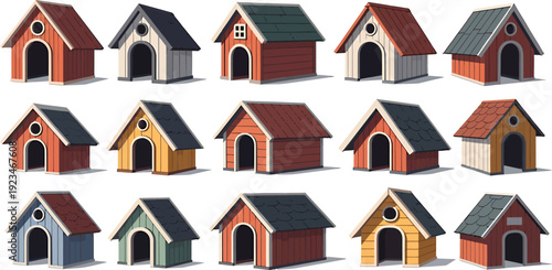Vibrant Collection of Diverse Vector Dog Houses with Varied Designs on White Background