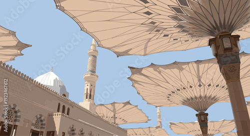Low Angle View of Nabawi Mosque Umbrellas and Minaret