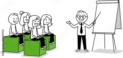 Simple stick figure illustration of a business presentation with a speaker and attentive audience.