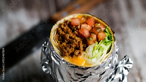 Delicious grilled chicken burrito with fresh lettuce, tomato, and cheese wrapped in foil on rustic table for Burrito Day celebration