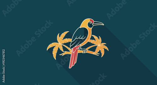 Tropical colorful bird on branch.