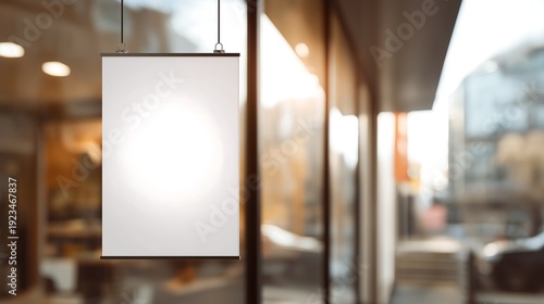 Blank advertising placard mockup hangs vertically on store window. Promotion, sale announcement. White board with copy space, commercial retail display