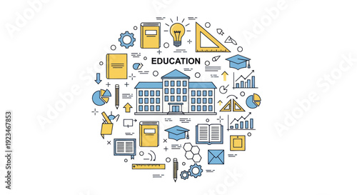 Education concept illustration with school building and learning symbols.