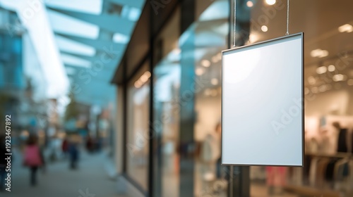 Blank advertising placard mockup hangs vertically on store window. Promotion, sale announcement. White board with copy space, commercial retail display