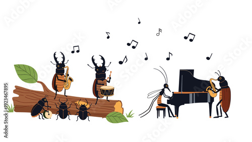 Musical insects including beetles and a mosquito playing saxophone, drums, and piano on and near a mossy forest log.