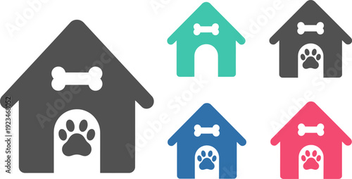Set of Colorful Dog House Icons with Bone and Paw Print Symbols