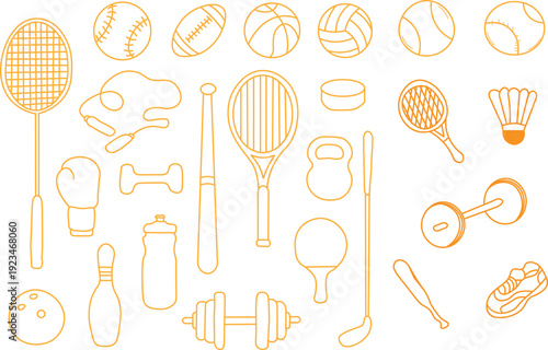 Collection of various outlined sports equipment and athletic gear icons representing numerous physical activities and fitness pursuits.