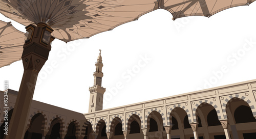 Nabawi Mosque Courtyard View with Iconic Sunshade Umbrellas and Architecture