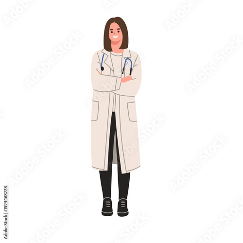 Flat vector illustration of a female doctor standing confidently in white medical coats with stethoscopes. Ideal for medical, hospital, clinic, healthcare services, physician, and medical team concept