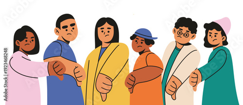 Flat vector illustration of a diverse group of men and women expressing disapproval with thumbs down gestures. Ideal for concepts related to criticism, rating, review, cancel culture, public opinion