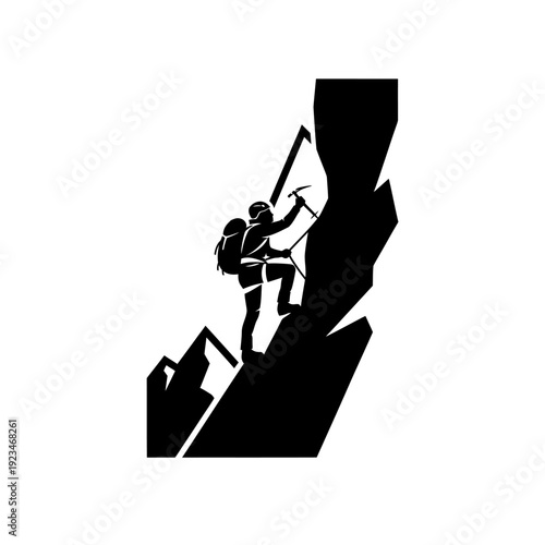 Man climbing mountain with ice axe.