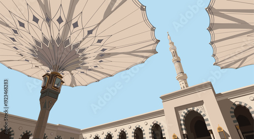 Low Angle Illustration of Nabawi Mosque Medina with Giant Umbrellas and Blue Sky
