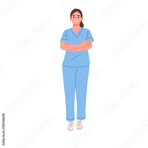 Flat vector illustration of female healthcare professionals wearing blue medical scrubs. Isolated on a light background, ideal for hospital, clinic, healthcare services, medical team, and nursing 