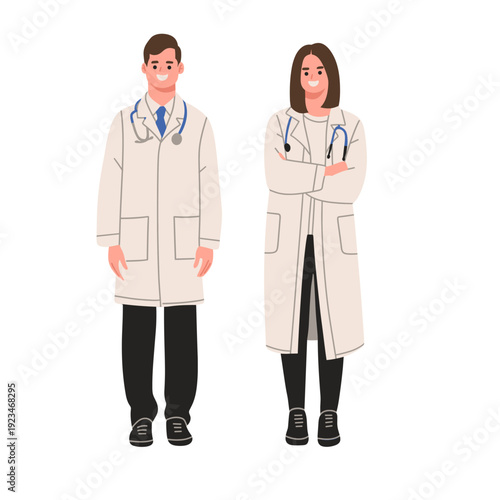 Flat vector illustration of a male and female doctor standing confidently in white medical coats with stethoscopes. Ideal for medical, hospital, clinic, healthcare services, physician, medical team