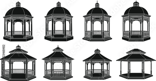 Set of black silhouettes featuring various architectural gazebo designs including dome roof garden pavilions and classic wooden pergolas for outdoor landscaping isolated on white background