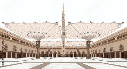 Wide Courtyard Perspective of Nabawi Mosque Medina with Minarets and Umbrellas