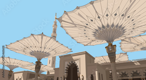 Iconic Architecture of Nabawi Mosque Medina with Sunshades and Minaret View