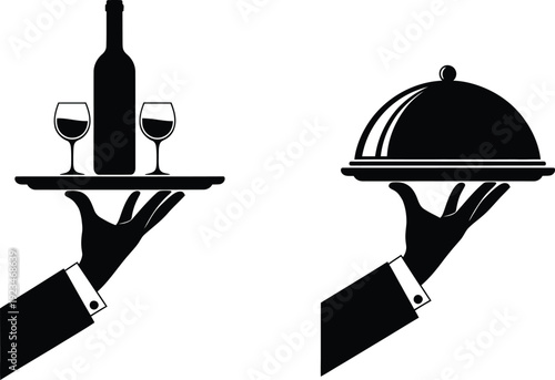 Black and white silhouette hands holding tray with wine bottle glasses and cloche serving dish