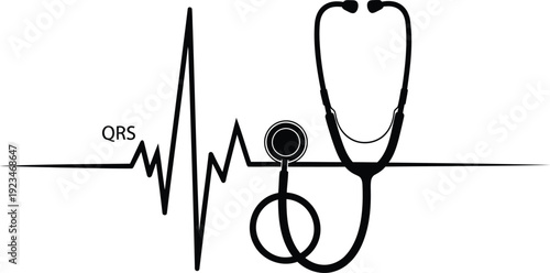 Black and white Q R S heartbeat line with stethoscope medical